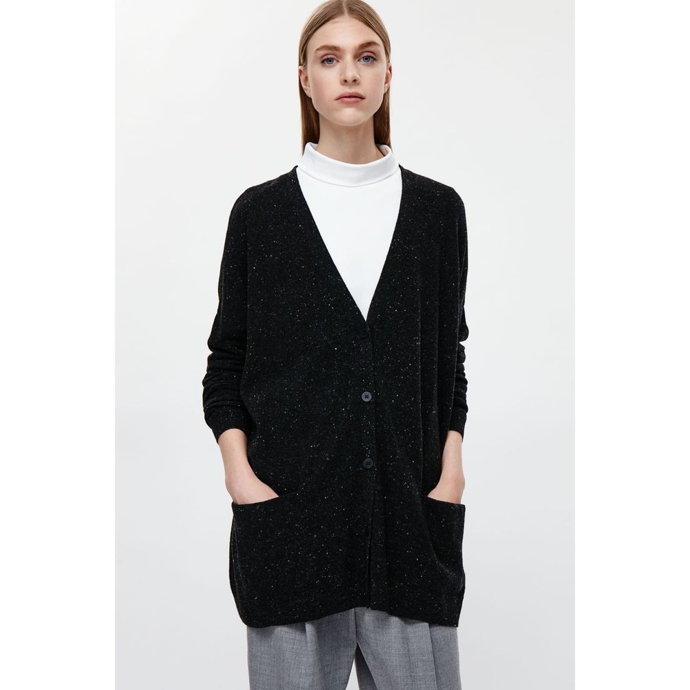 COS Women Black Speckled Wool Oversized V-Neck Cardigan Sweater Small Pockets